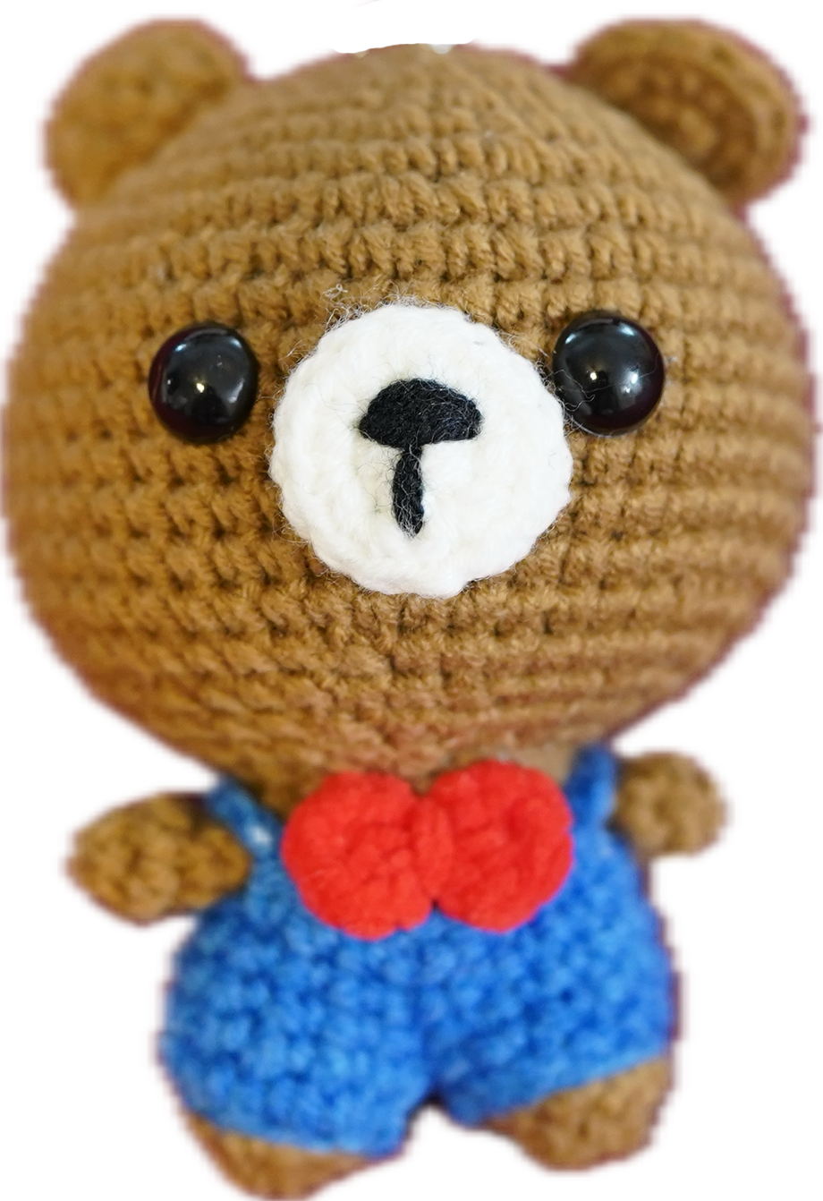 A-018 BROWN BEAR WITH BLUE SUIT & RED BOW CROCHET KEYCHAIN