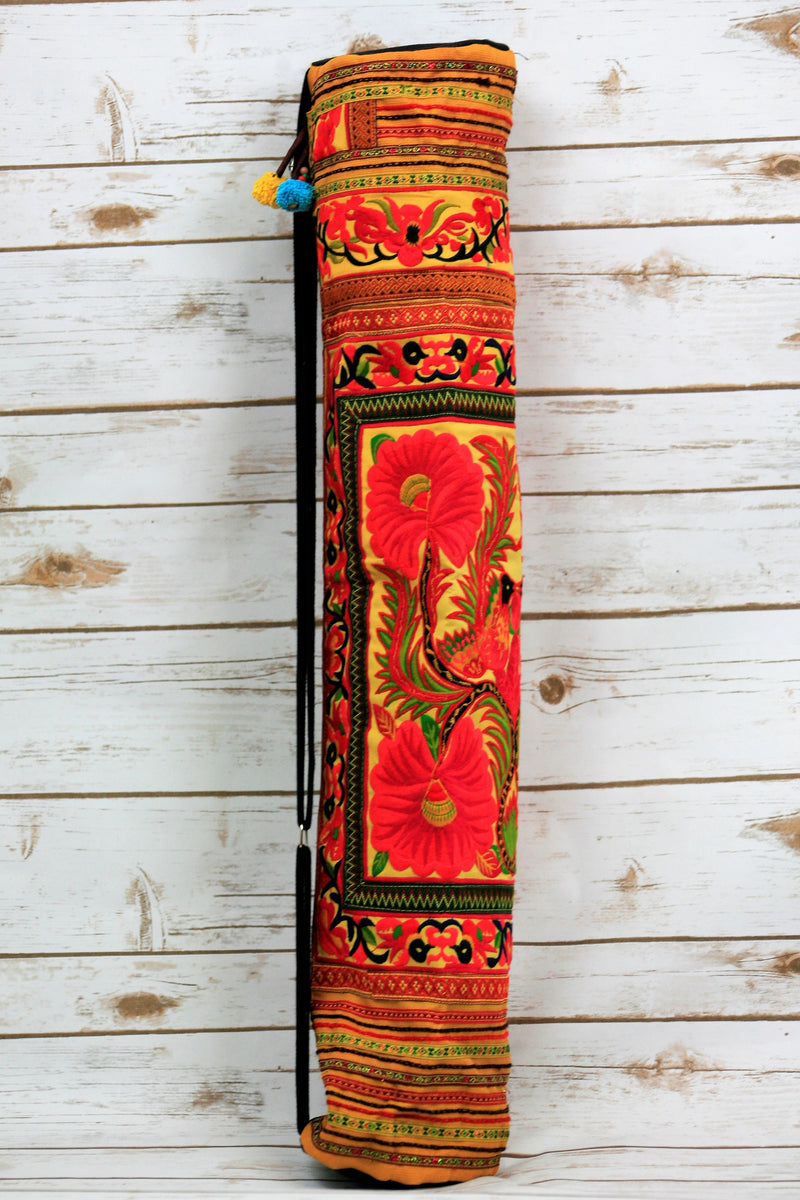 Handmade Yoga Mat Bag Hmong Embroidered in Purple, Floral Yoga Mat