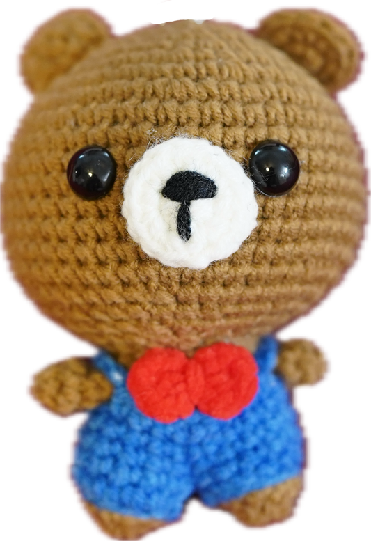 A-018 BROWN BEAR WITH BLUE SUIT & RED BOW CROCHET KEYCHAIN