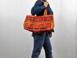 BS-003 YELLOW WORM TOTE SHOULDER BAG WITH HMONG EMBROIDERED FLAT STRAPS (S)